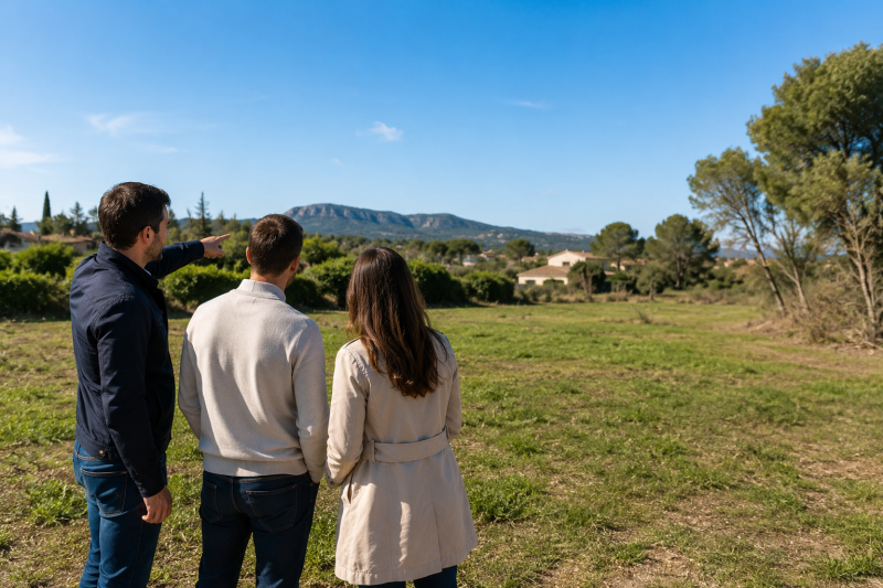 Visite d'un terrain constructible avant un projet de construction de maison individuelle dans les bouches du rhône